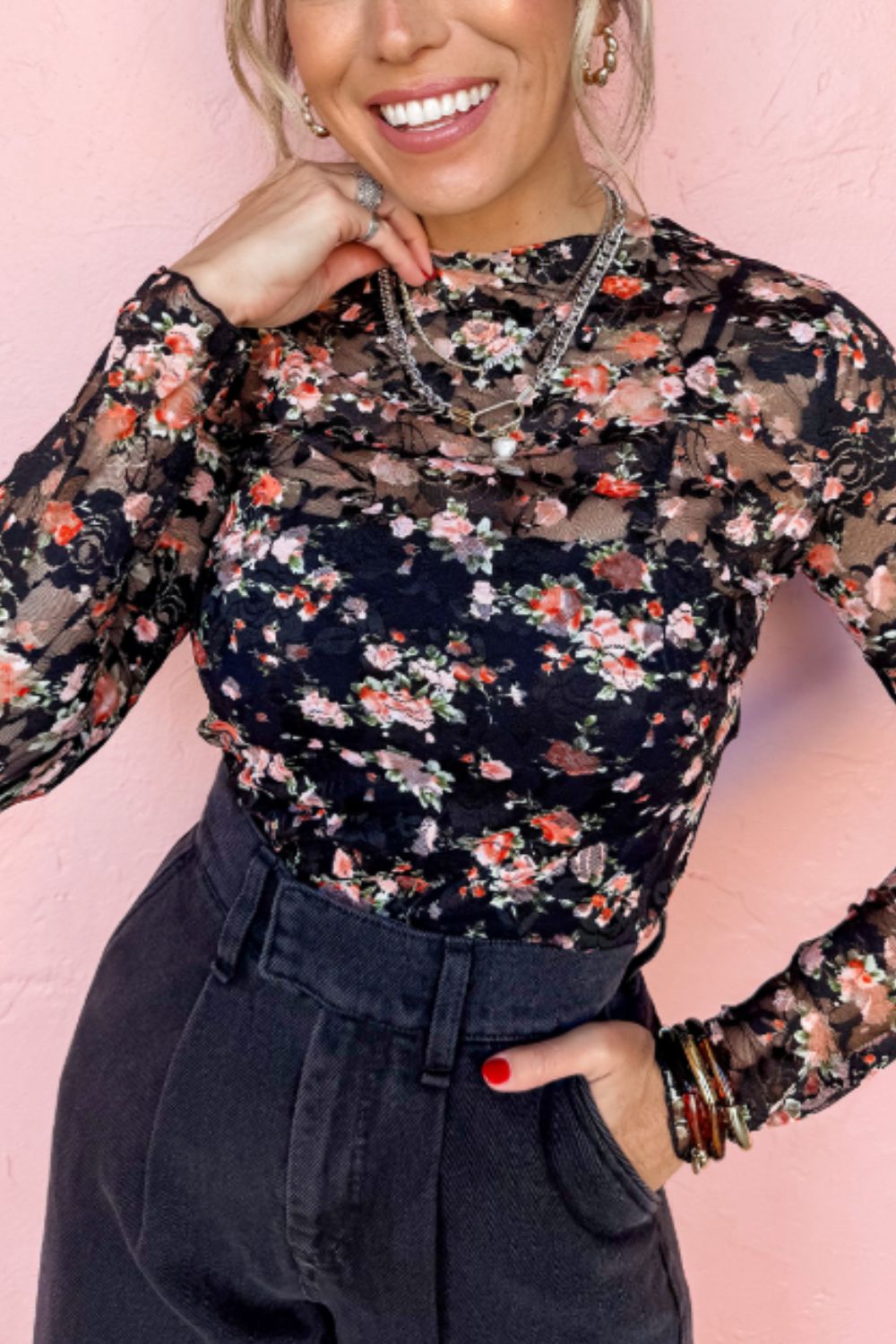 LIZAKOSHT  -  Floral Round Neck Long Sleeve Blouse