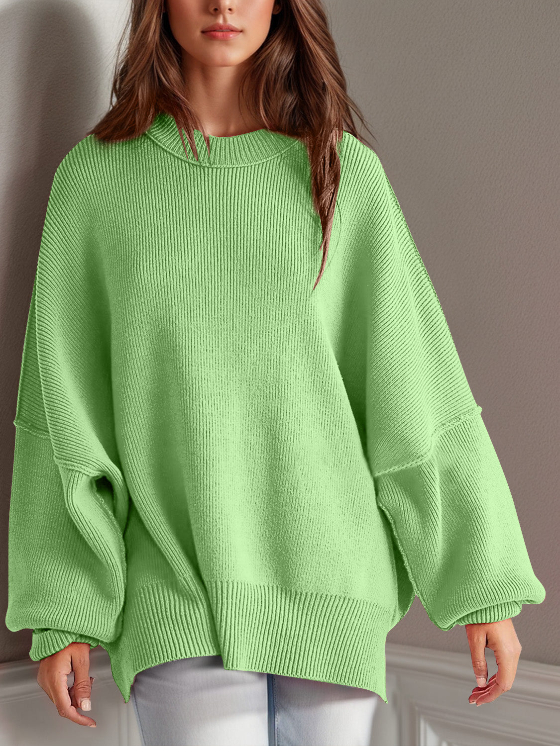 LIZAKOSHT  -  Double Take Side Slit Round Neck Long Sleeve Sweater