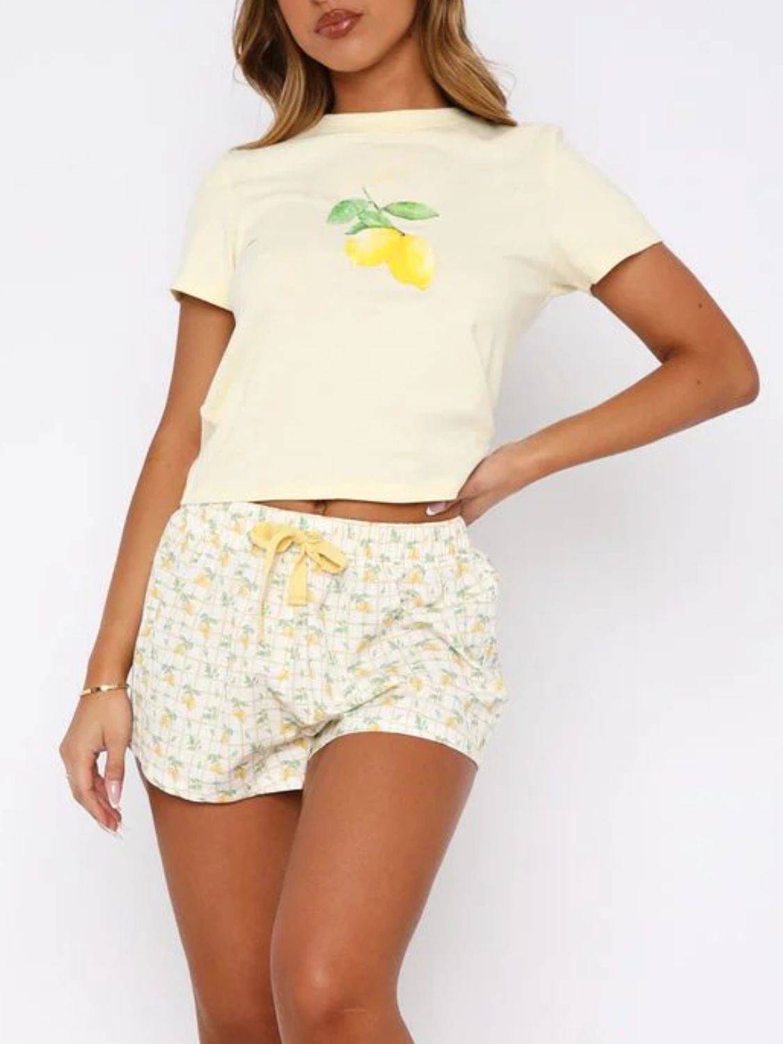 LIZAKOSHT  -  Printed Round Neck Short Sleeve Top and Drawstring Shorts Set