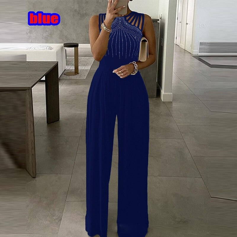 Lizakosht Sexy Solid Off Shoulder Waist Wide Leg Jumpsuit Women Sequin Splicing Office Straight Rompers Fashion Casual Chic Party Playsuit