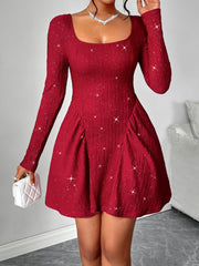 LIZAKOSHT  -  Backless Glitter Square Neck Long Sleeve Mini Dress