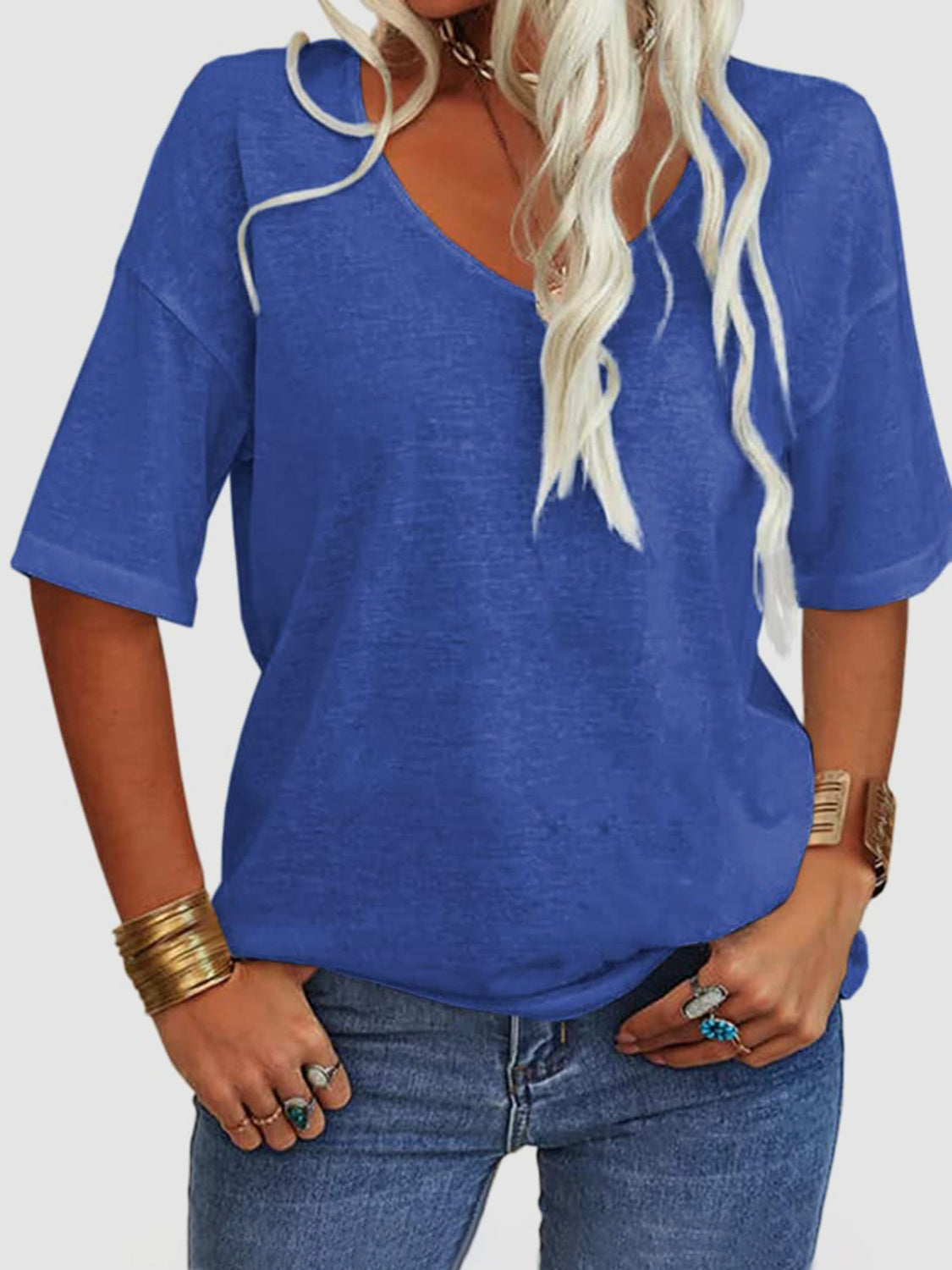 LIZAKOSHT  -  V-Neck Dropped Shoulder Half Sleeve T-Shirt