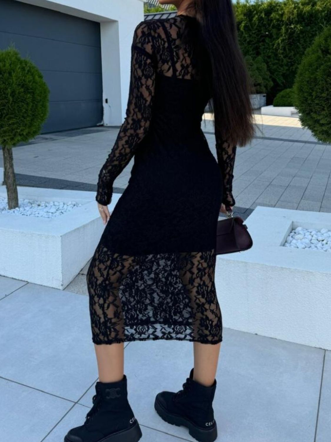 LIZAKOSHT  -  Lace Round Neck Long Sleeve Midi Dress