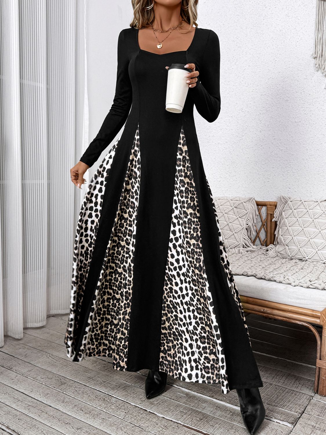 LIZAKOSHT  -  Perfee Leopard Square Neck Long Sleeve Maxi Dress