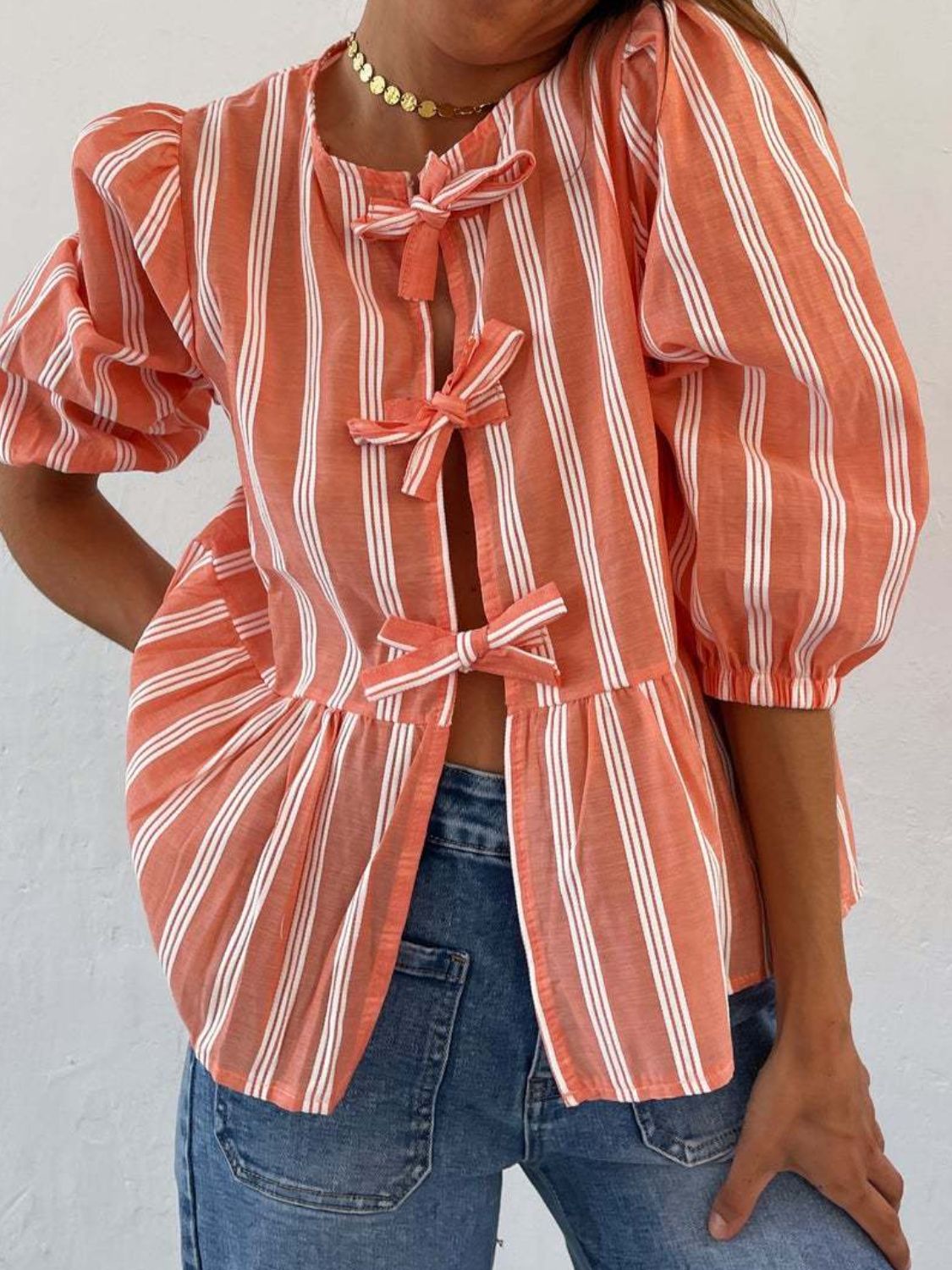 LIZAKOSHT  -  Tied Round Neck Balloon Sleeve Shirt