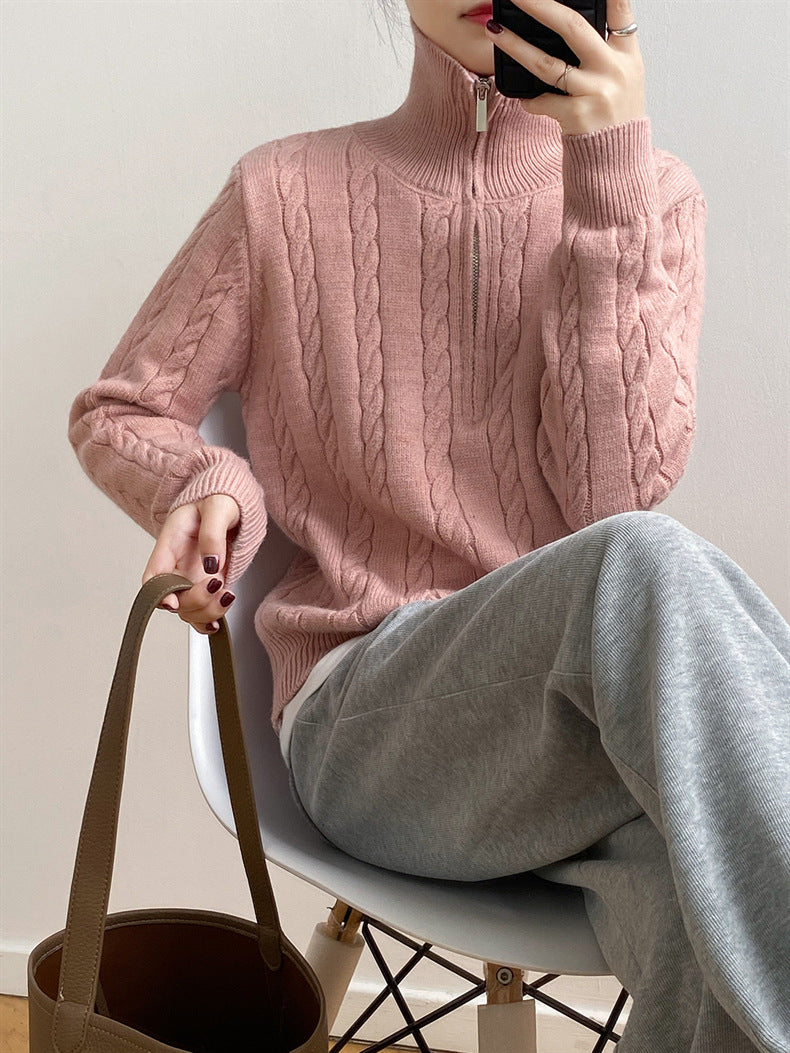 LIZAKOSHT  -  Cable-Knit Half Zip Long Sleeve Sweater