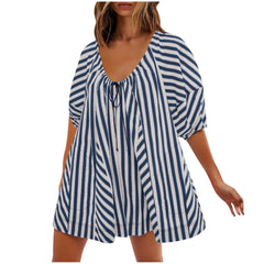 LIZAKOSHT  -  Womens Striped Romper Casual Loose Puff Sleeve Wide Leg Jumpsuit Overall with Pockets