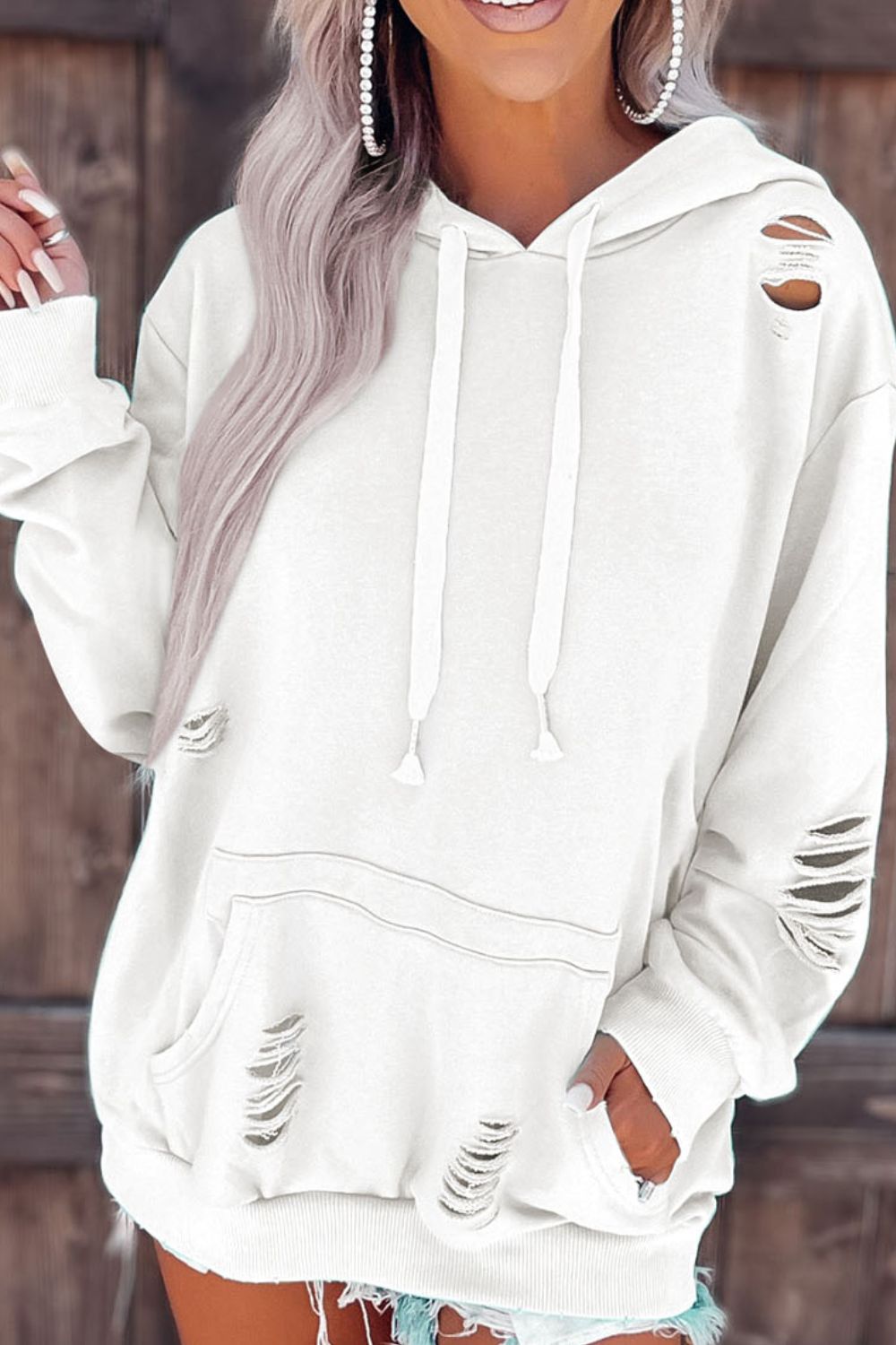 LIZAKOSHT  -  Distressed Drawstring Long Sleeve Hoodie