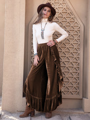 LIZAKOSHT  -  Ruffle Trim Wide Leg Slit Pants