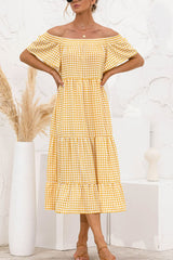 LIZAKOSHT  -  Plaid Off-Shoulder Tiered Midi Dress