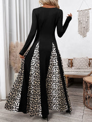 LIZAKOSHT  -  Perfee Leopard Square Neck Long Sleeve Maxi Dress