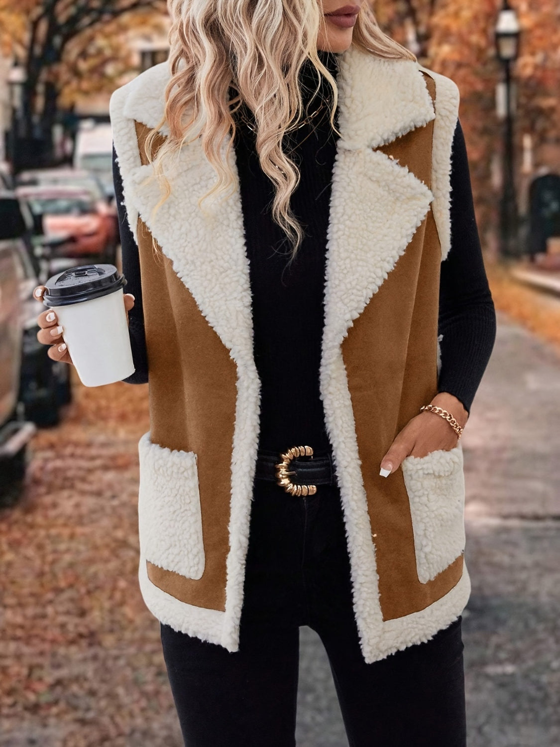 LIZAKOSHT  -  Full Size Contrast Open Front Sherpa Vest Coat