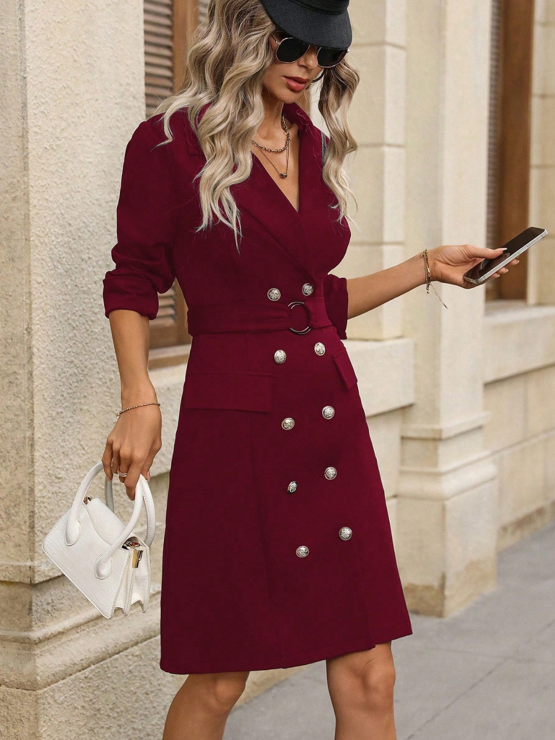 LIZAKOSHT  -  Double-Breasted Lapel Collar Long Sleeve Dress