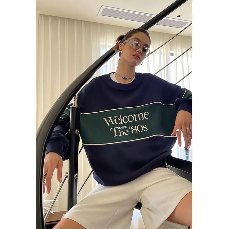 Lizakosht Streetwear Sweatshirt Women Oversized Letter Print Pullovers Vintage Korean Patchwork Loose Casual All Match Hoodies Tops