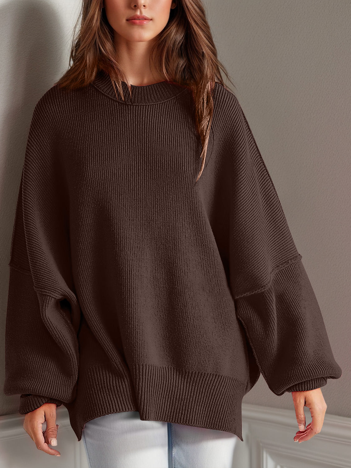 LIZAKOSHT  -  Double Take Side Slit Round Neck Long Sleeve Sweater