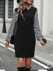 LIZAKOSHT  -  Houndstooth Collared Neck Long Sleeve Mini Dress