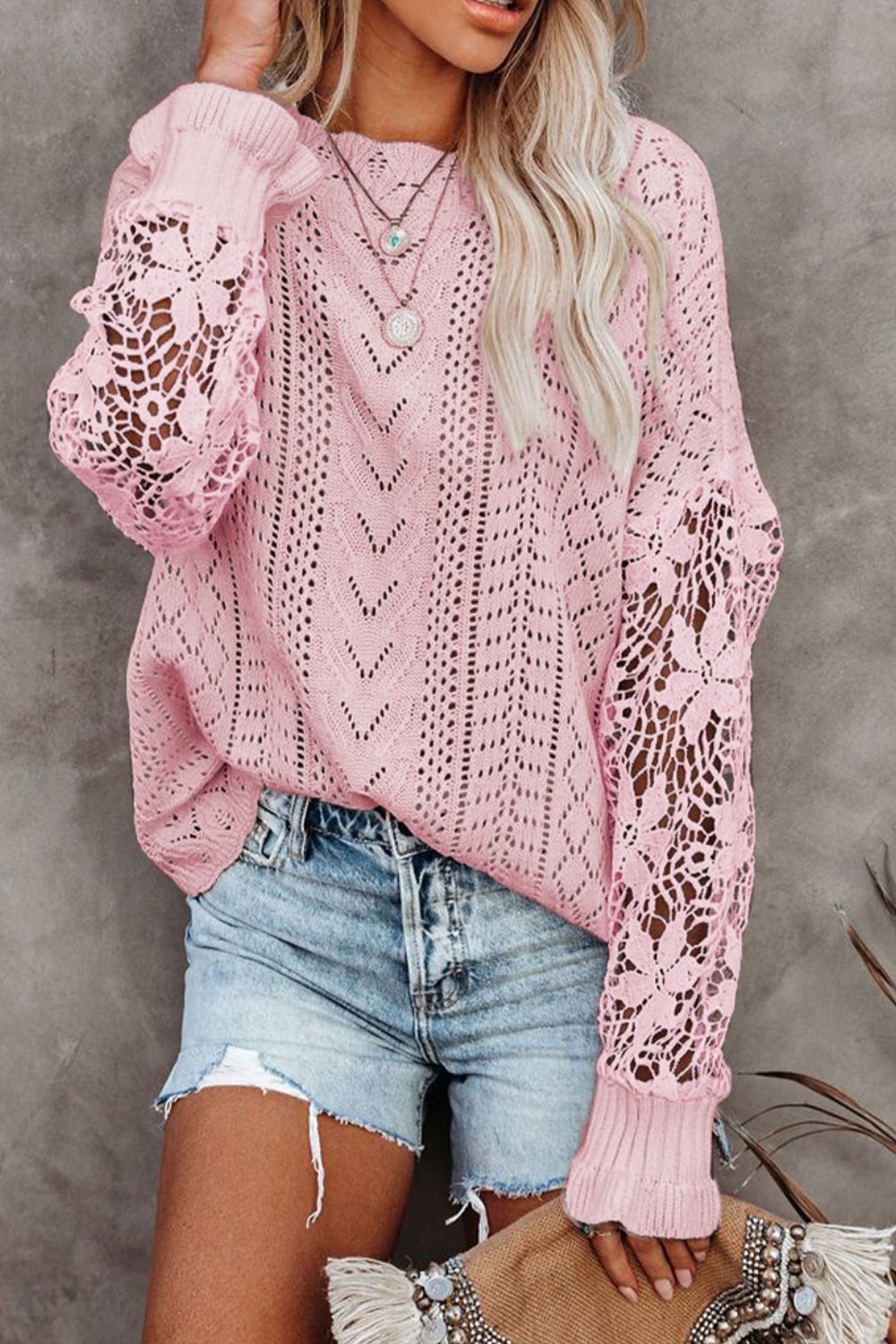 LIZAKOSHT  -  Openwork Round Neck Long Sleeve Sweater