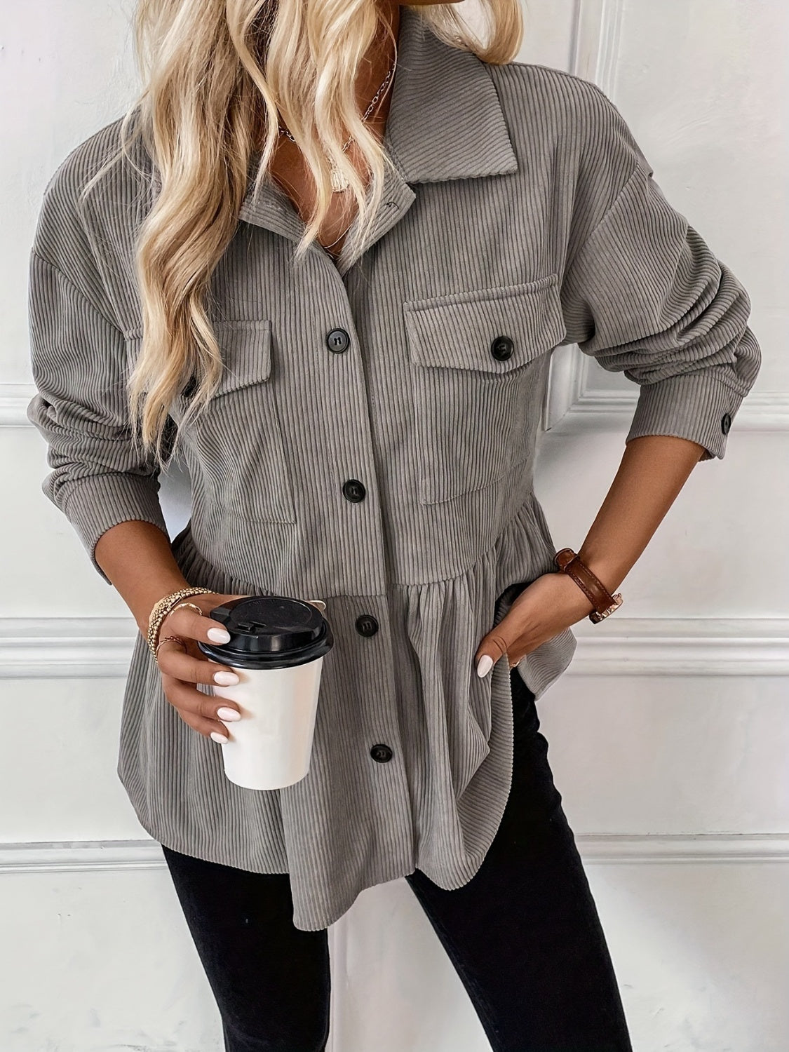 LIZAKOSHT  -  Corduroy Peplum Button Up Shacket