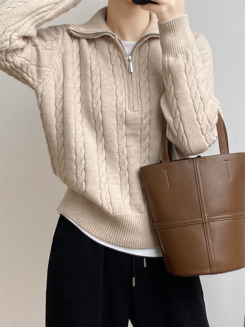 LIZAKOSHT  -  Cable-Knit Half Zip Long Sleeve Sweater