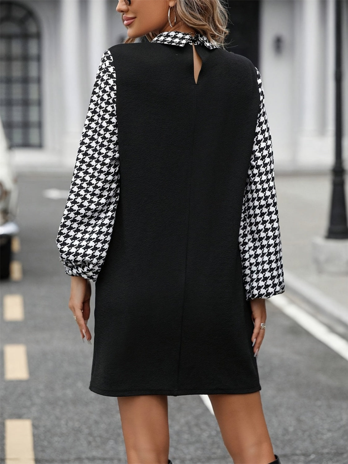 LIZAKOSHT  -  Houndstooth Collared Neck Long Sleeve Mini Dress