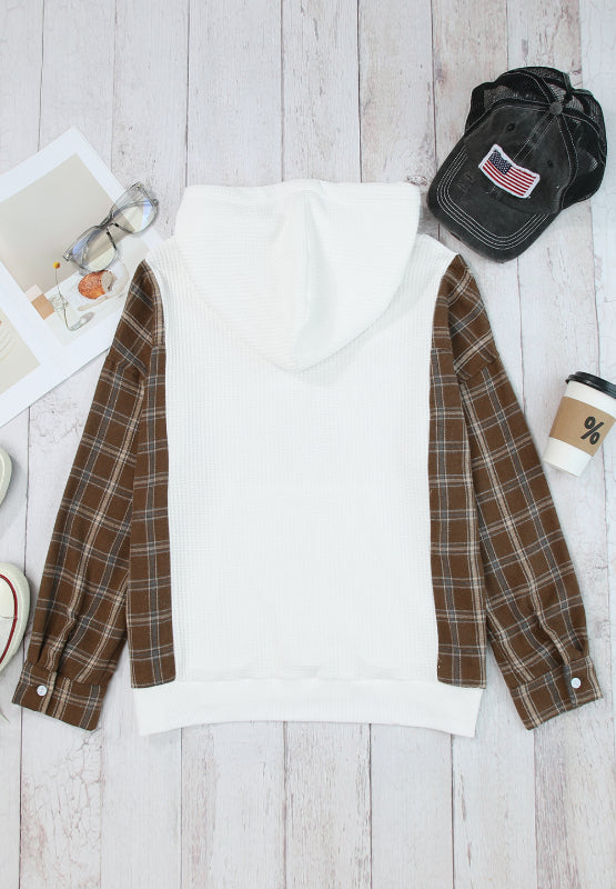 LIZAKOSHT  -  Waffle Knit Plaid Long Sleeve Kangaroo Pocket Hoodie