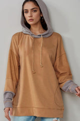 LIZAKOSHT  -  Drawstring Contrast Long Sleeve Hoodie