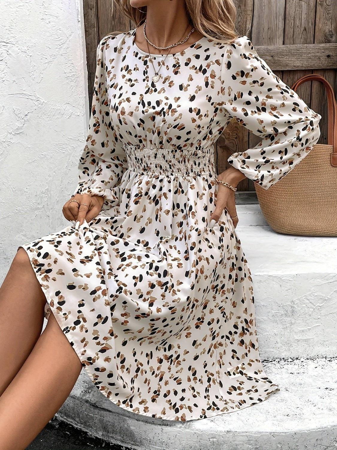 LIZAKOSHT  -  Printed Round Neck Long Sleeve Dress