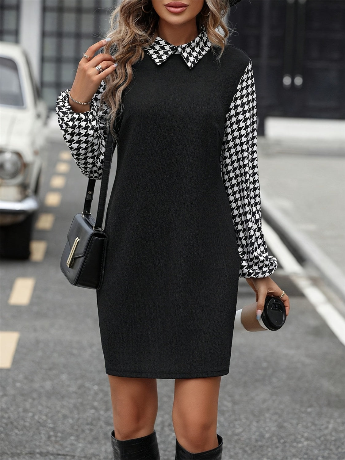 LIZAKOSHT  -  Houndstooth Collared Neck Long Sleeve Mini Dress