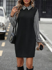 LIZAKOSHT  -  Houndstooth Collared Neck Long Sleeve Mini Dress