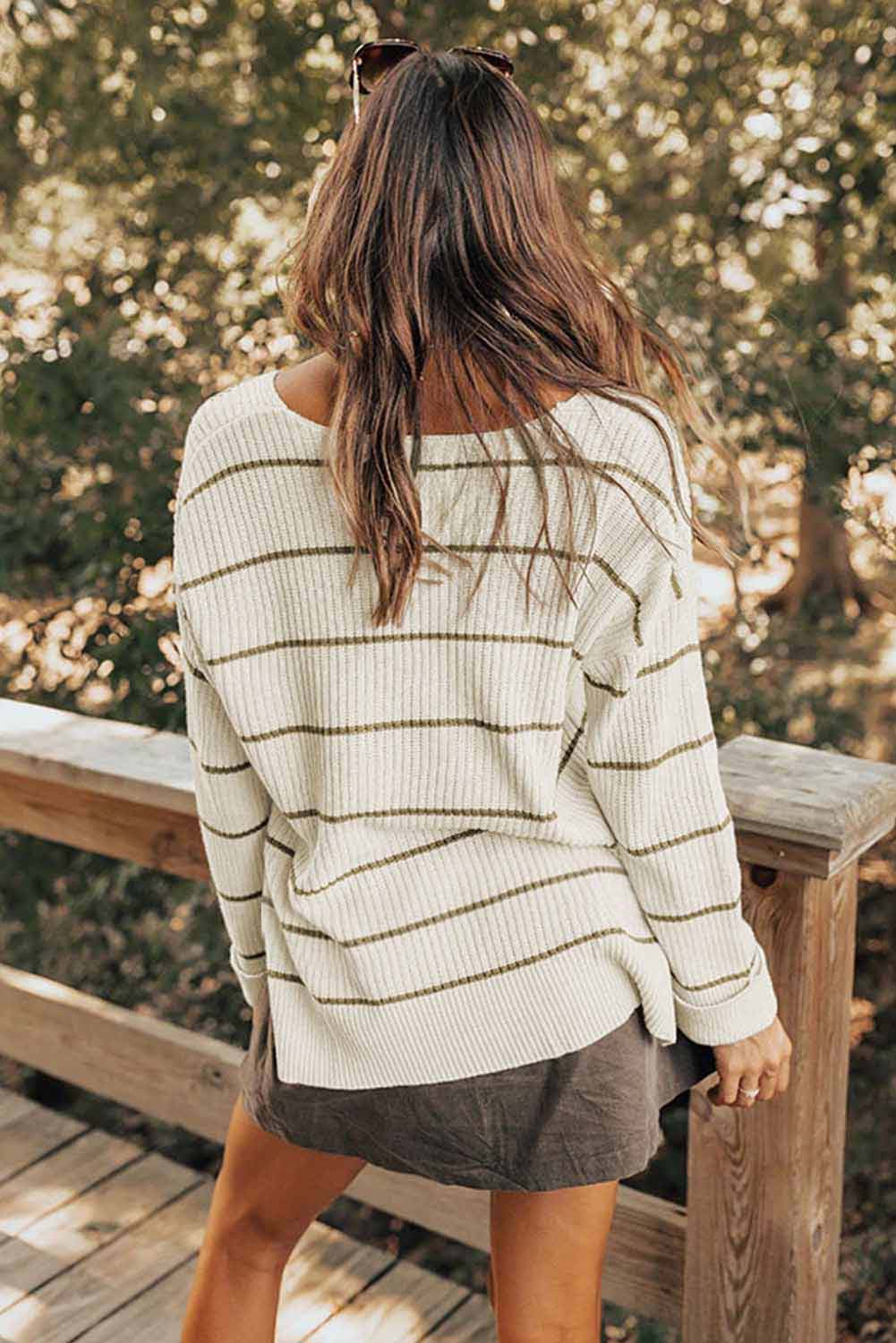 LIZAKOSHT  -  Striped V-Neck Drop Shoulder Sweater