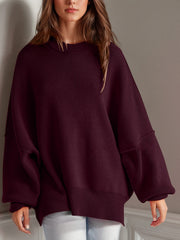 LIZAKOSHT  -  Double Take Side Slit Round Neck Long Sleeve Sweater