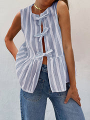 LIZAKOSHT  -  Tied Striped Round Neck Tank