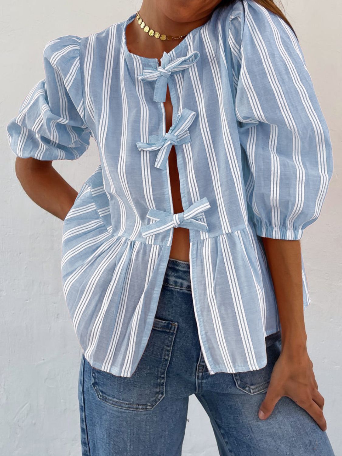 LIZAKOSHT  -  Tied Round Neck Balloon Sleeve Shirt