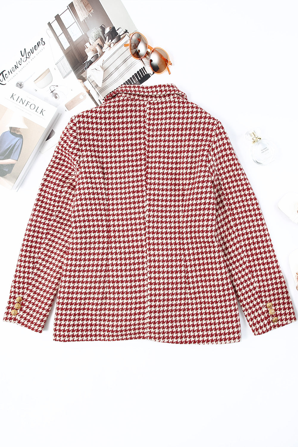 LIZAKOSHT  -  Houndstooth Collared Neck Double-Breasted Blazer