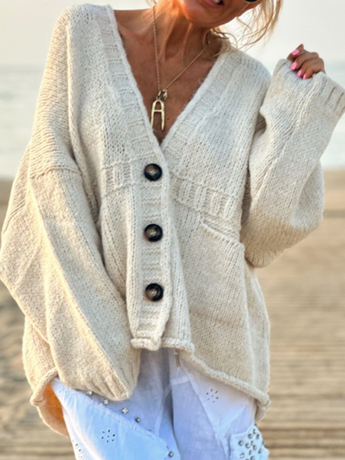 LIZAKOSHT  -  Pocketed V-Neck Button Up Cardigan