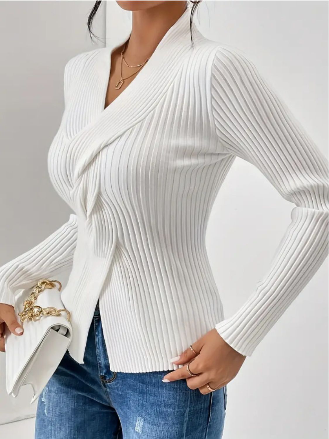 LIZAKOSHT  -  Twist Front Ribbed Long Sleeve Sweater