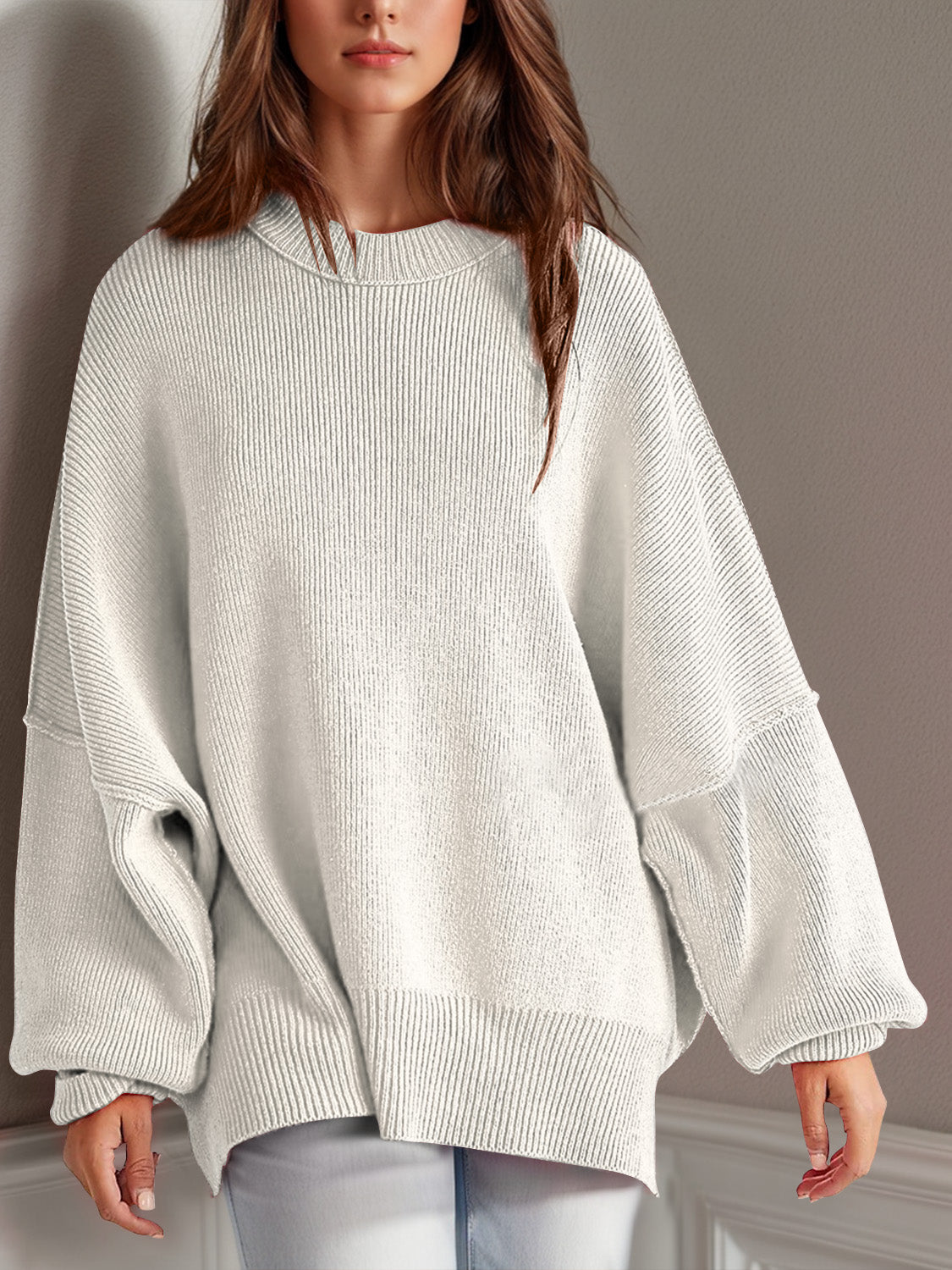 LIZAKOSHT  -  Double Take Side Slit Round Neck Long Sleeve Sweater