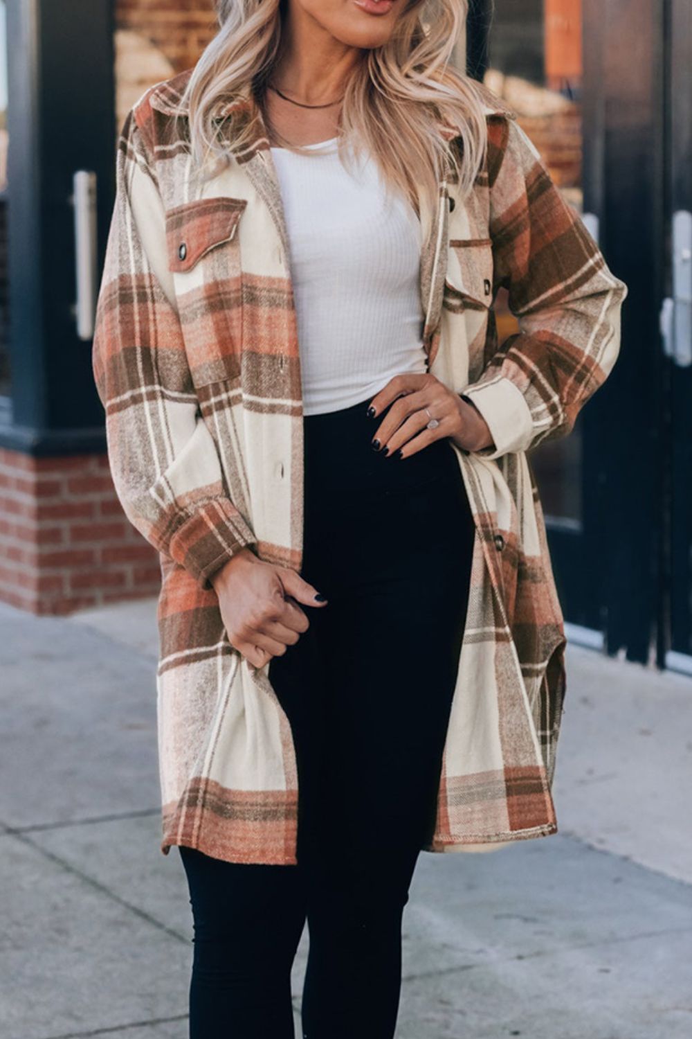 LIZAKOSHT  -  Pocketed Plaid Collared Neck Shacket