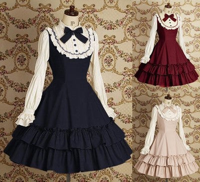 pretty halloween costumes Lolita Dress Preppy Style Daily Dress Fake Two-Piece Long Sleeve Slim-Fit Lady Dress