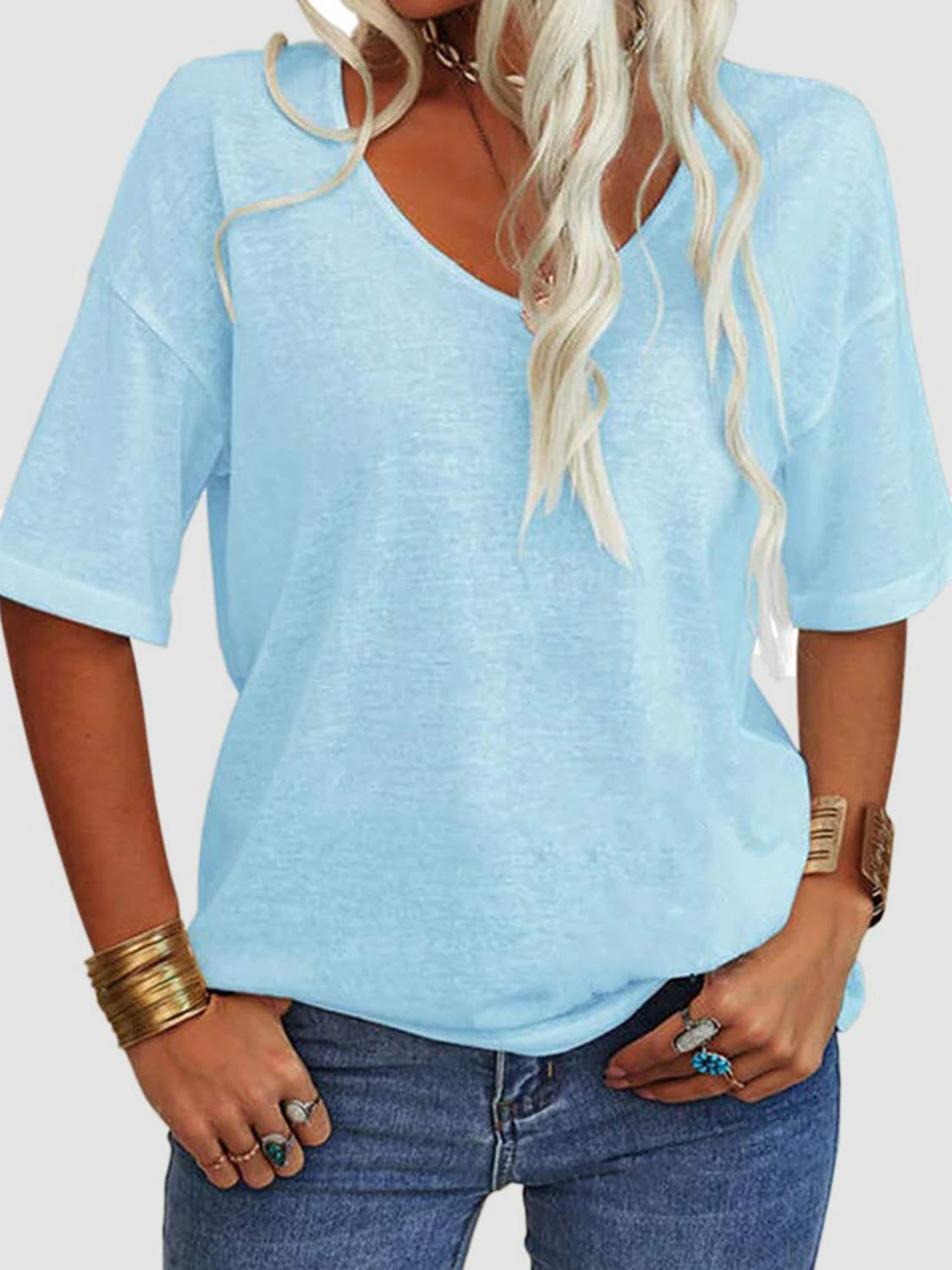 LIZAKOSHT  -  V-Neck Dropped Shoulder Half Sleeve T-Shirt