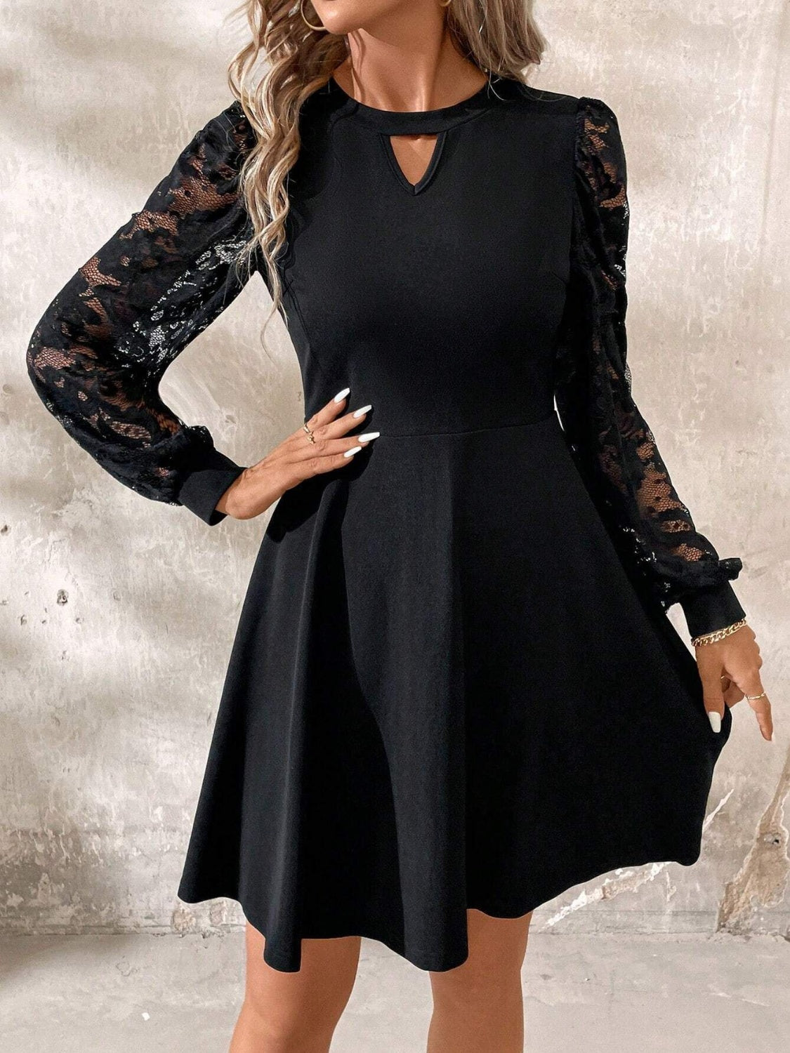 LIZAKOSHT  -  Cutout Lace Long Sleeve Mini Dress