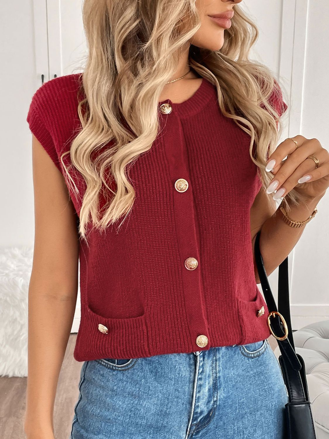 LIZAKOSHT  -  Perfee Pocketed Round Neck Cap Sleeve Cardigan