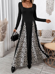 LIZAKOSHT  -  Perfee Leopard Square Neck Long Sleeve Maxi Dress