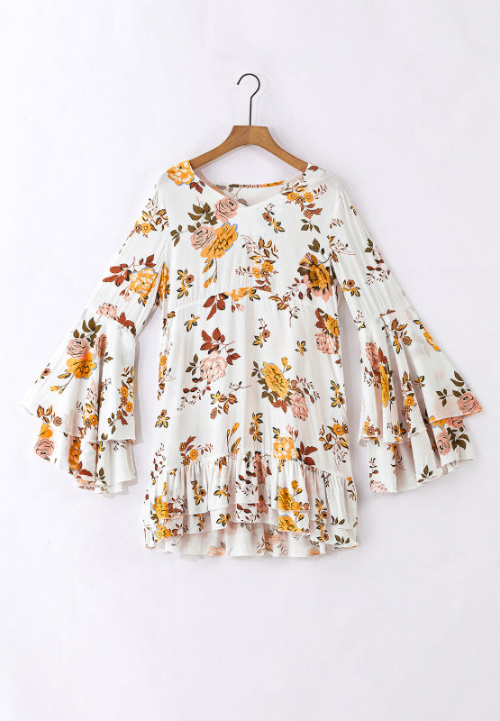 LIZAKOSHT  -  Printed V-Neck Flare Sleeve Mini Dress