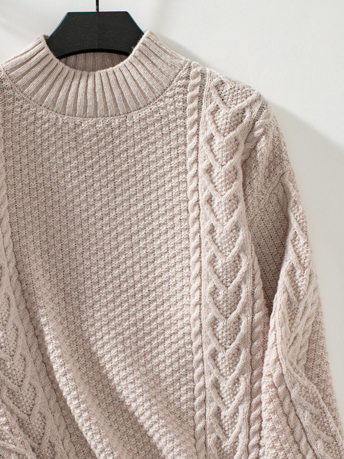 LIZAKOSHT  -  Cable-Knit Mock Neck Long Sleeve Sweater