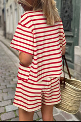 LIZAKOSHT  -  Tied Striped V-Neck Top and Shorts Set