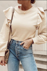 LIZAKOSHT  -  Ruffled Round Neck Long Sleeve Blouse