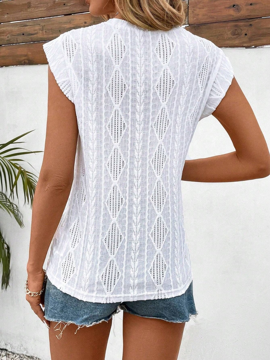 LIZAKOSHT  -  Openwork Round Neck Cap Sleeve Top