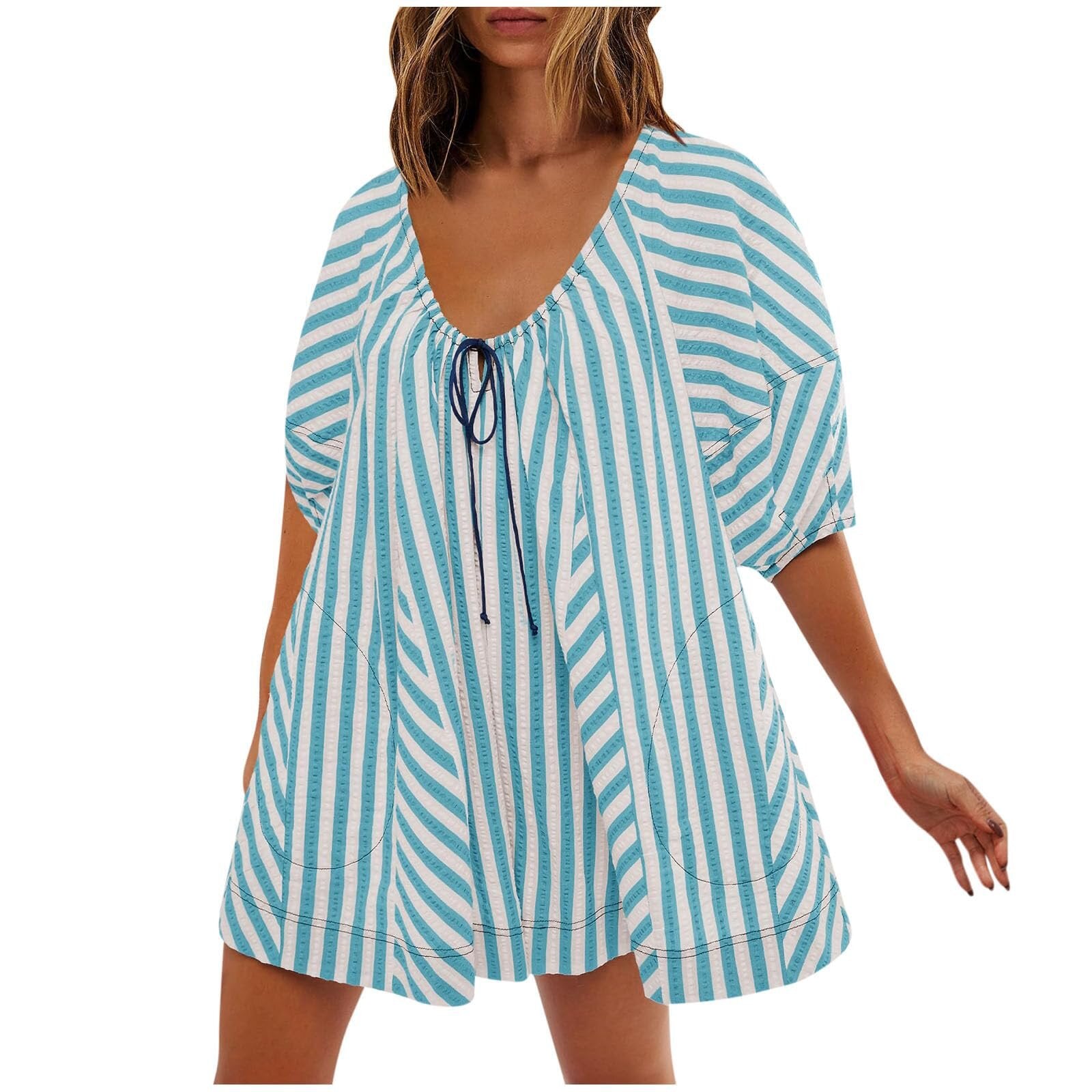 LIZAKOSHT  -  Womens Striped Romper Casual Loose Puff Sleeve Wide Leg Jumpsuit Overall with Pockets