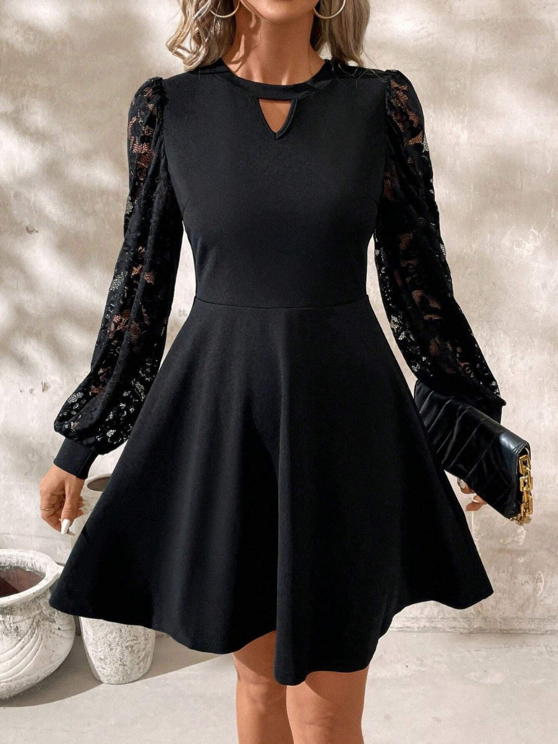 LIZAKOSHT  -  Cutout Lace Long Sleeve Mini Dress